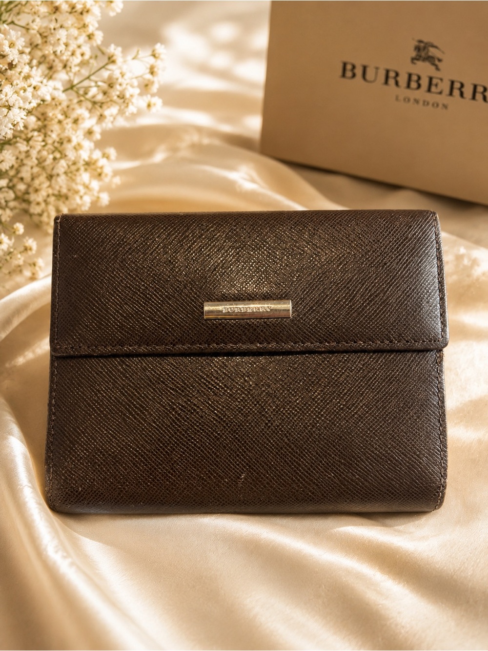 Burberry Brown Textured Leather Compact Wallet with Metal Logo